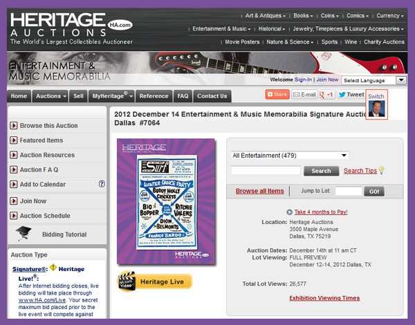 Heritage Auction Galleries Entertainment Music Memorabilia Signature Auction Catalog Online Dallas Event December 14th