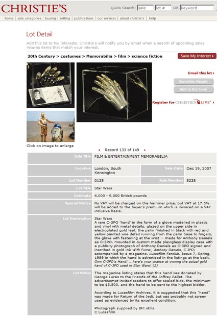 Christies Film & Entertainment Memorabilia Auction South Kensington Auction C3-P0 Hand