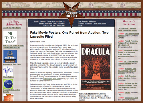 Maine Antique Digest Report & Legal Update on Movie Poster Scandal  | Maine Antique Digest Movie Poster Fraud Forgeries News Portal x500