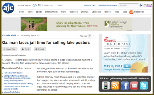 Vintage Poster Scandal Update: Atlanta Journal-Constitution Reports NY Federal Prosecutors Seek New Arrest Warrant | One Sheet Poster Scandal Fraud Update Atlanta Journal Constitution Kerry Haggard Portal Redirect